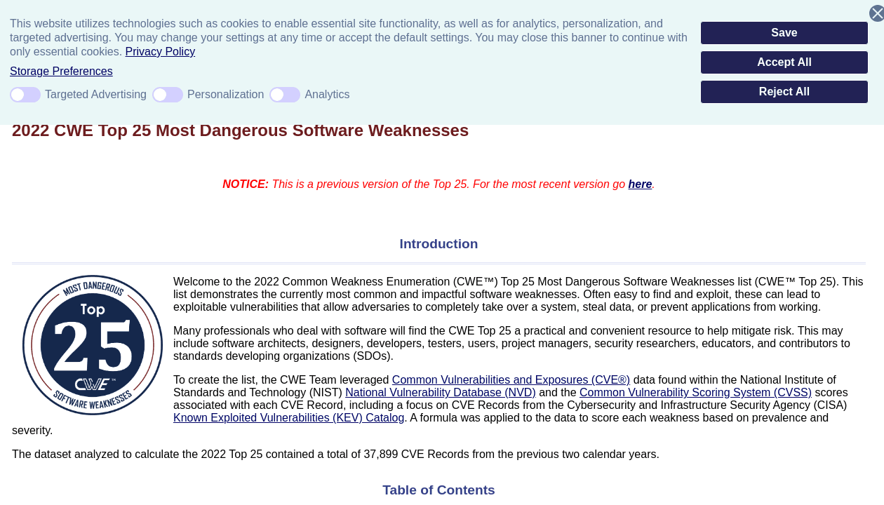 MITRE - Top 25 Most Dangerous Software Weaknesses (2022)